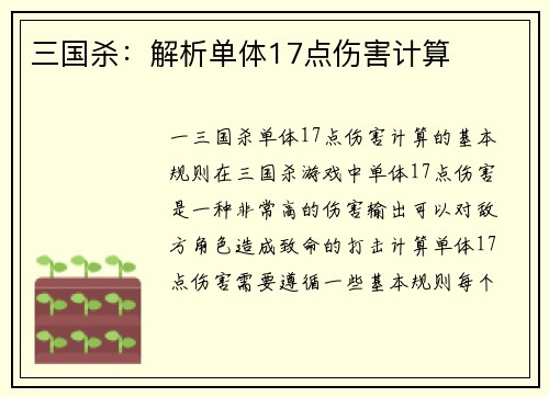 三国杀：解析单体17点伤害计算